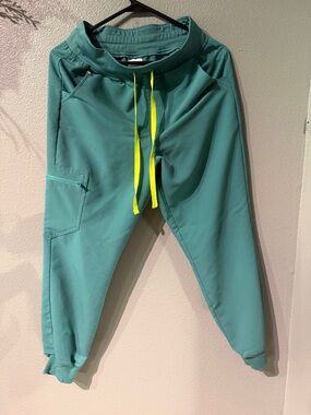 Figs Teal Track Joggers with Neon Yellow Drawstrings Zamora S/P color cactus